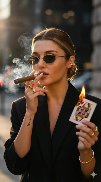 امرأة شقراء عصرية موشومة تدخن سيجارًا تحت ضوء الغروب الخلفي