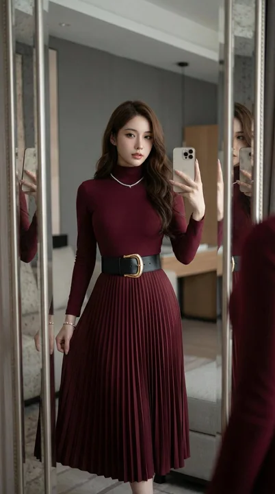 Confident selfie in a burgundy gown inside a luxury hotel