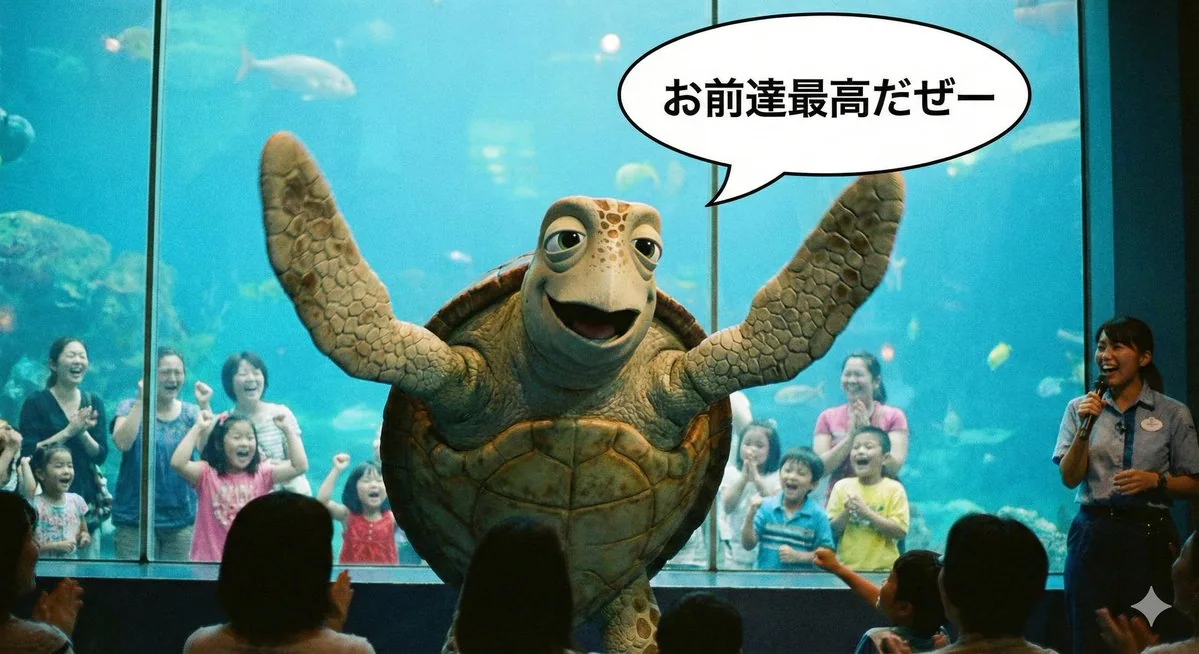迪士尼风格的海龟高举双鳍，欢呼雀跃