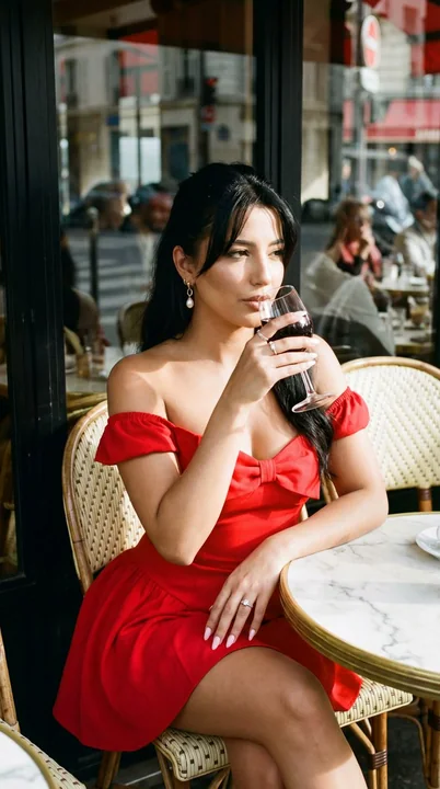 パリの午後のカフェで、赤いスカートを着た女性が優雅にワインを味わう