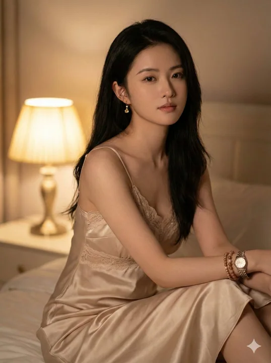 Chambre d'hôtel en soie avec soutien-gorge, photo de visage de haute qualité avec une esthétique cinématographique