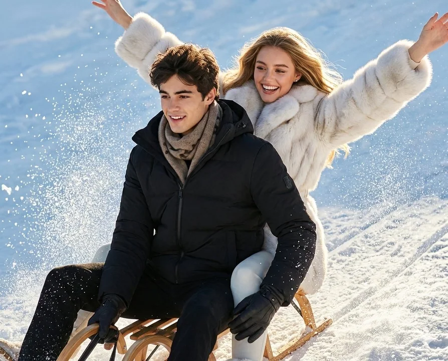 Somptueux manteaux de fourrure, couple filant à toute vitesse sur la neige, image spectaculaire digne d’un film.