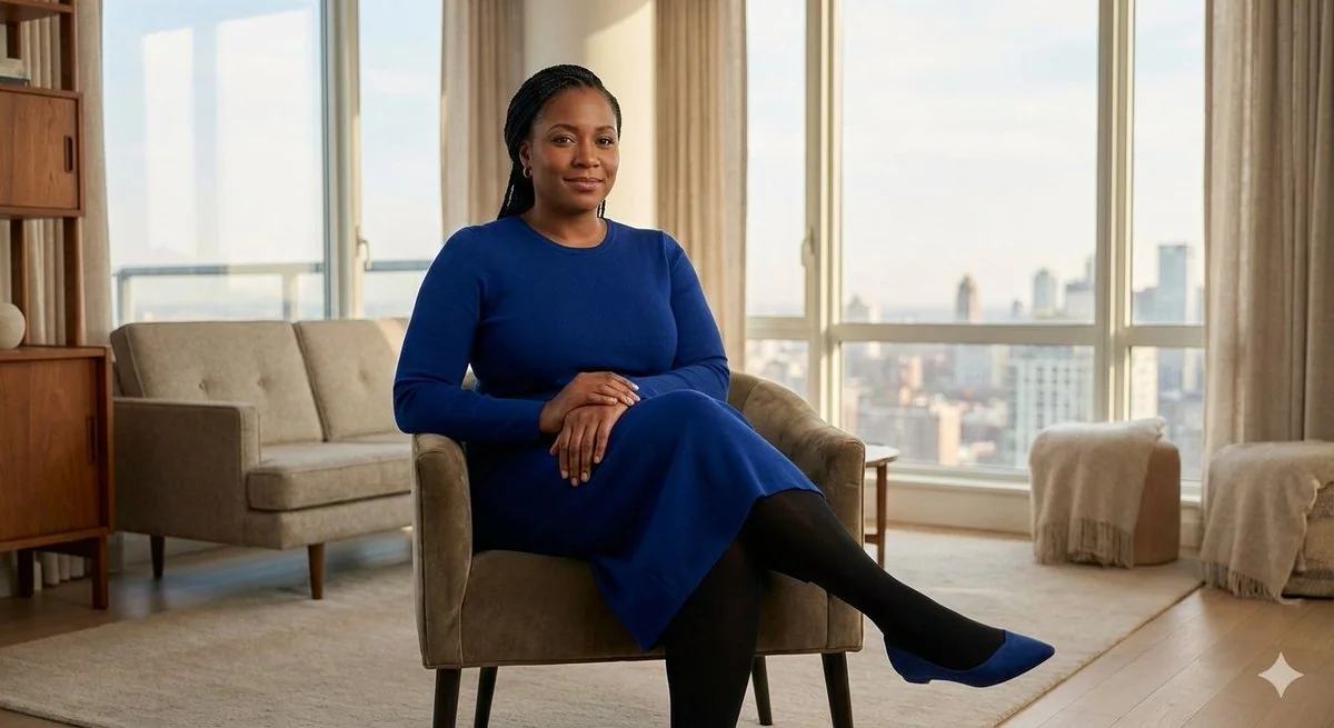 The elegant and intellectually sophisticated goddess in royal blue within a modern penthouse apartment