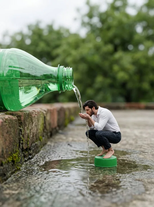 Surreal miniature: a man drinking water on a bottle cap