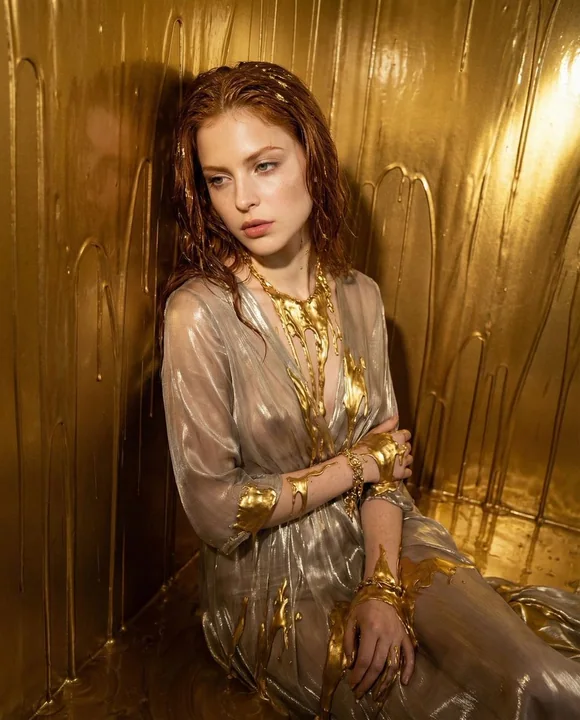 A surreal high-fashion portrait with a molten gold texture