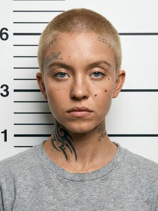 A high-definition realistic prison intake mugshot of a buzz-cut man with a face full of tattoos