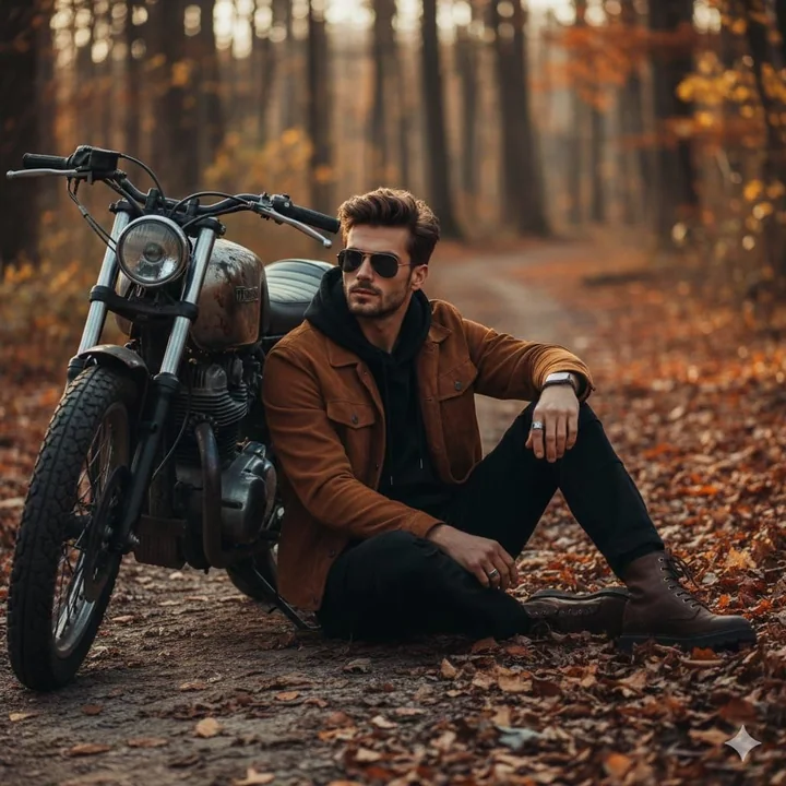 Golden Autumn Forest Retro Motorcycle and Fashionable Man's Visual Feast