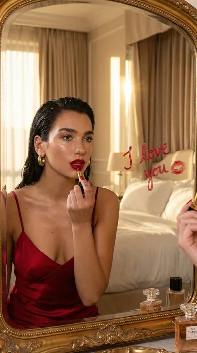Mirror-like red lips write "I love you," romantic and beautiful light and shadow.