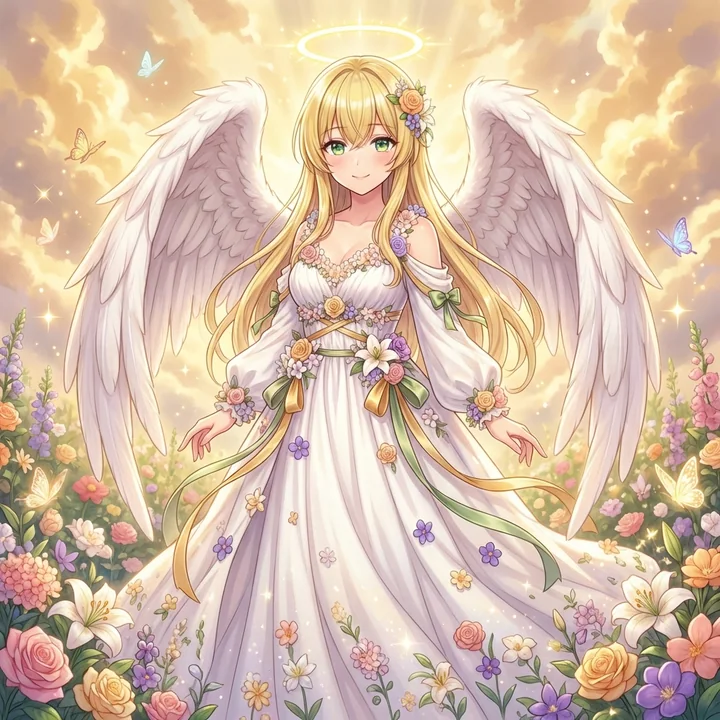 The guardian angel of flower clusters bathed in holy light, a gentle moment that heals the soul