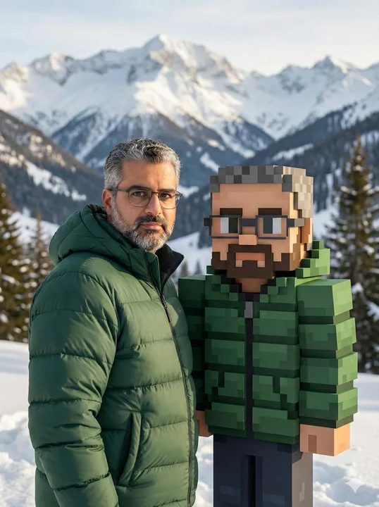 現実と仮想の交錯：雪山のふもとの真人とブロックの分身