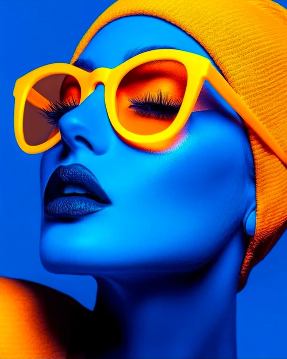 Neon blue and orange color-block cyberpunk fashion supermodel