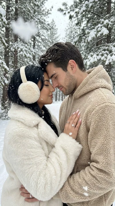 Un couple romantique s'embrassant passionnément sous une tempête de neige.