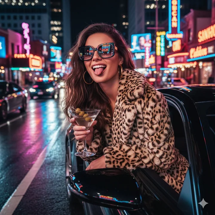 Une femme glamour, luxueuse et légèrement ivre à côté d’une voiture de luxe dans une nuit aux néons