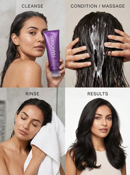 Shooting publicitaire en quadrillage de quatre cases pour soins capillaires féminins, avec une sensation de luxe