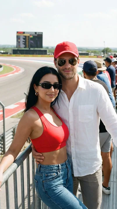 Ultra-clear photorealistic couple in red on the racetrack grandstand
