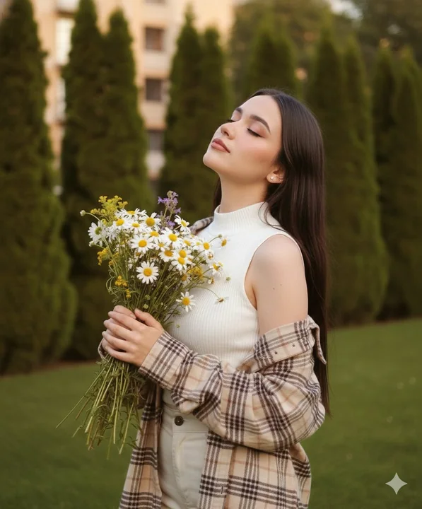 Jeune fille de style forestier, envoûtée par le parfum des fleurs dans la lumière poétique du crépuscule