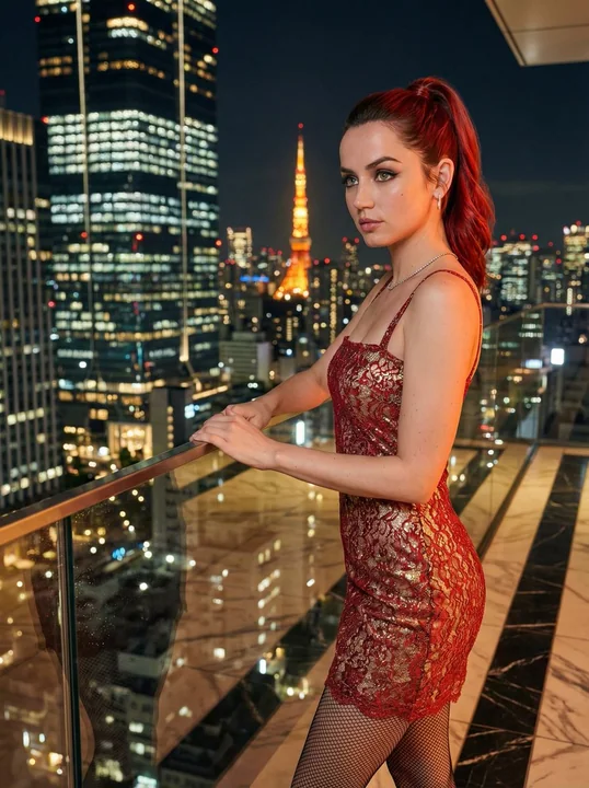 夜のとばりが降りた東京、赤髪の魅惑的な美女が欄干にもたれ、その横顔は息をのむほど美しい。