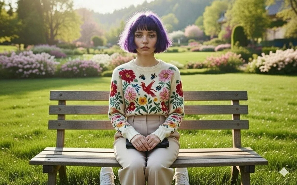 The tranquil garden moments of a purple-haired bob-cut girl