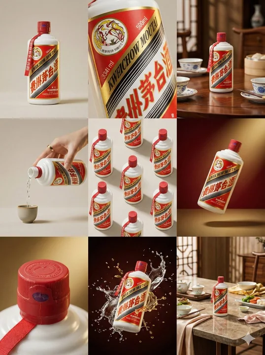 Storyboard de photographie commerciale en grille de neuf pour un baijiu Maotai haut de gamme