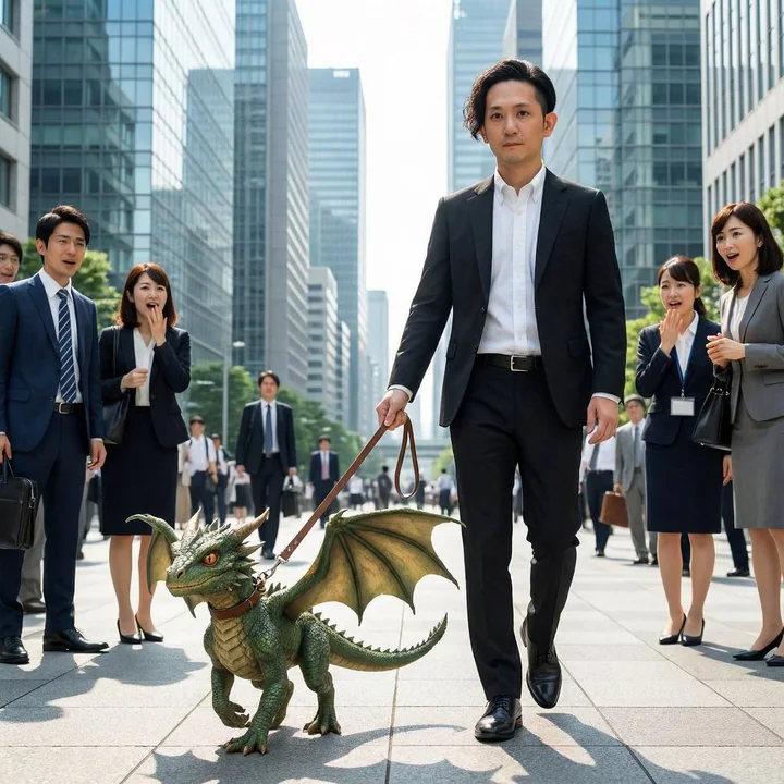 Une scène fantastique, dans un quartier d’affaires animé, où quelqu’un en costume promène un dragon géant.