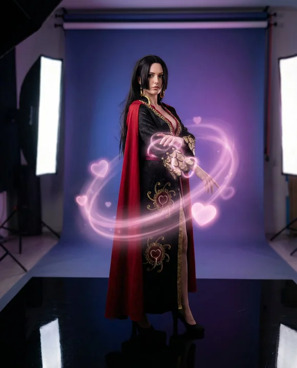 La guerrière princesse pirate en qipao noir entourée d’un halo d’énergie lumineuse