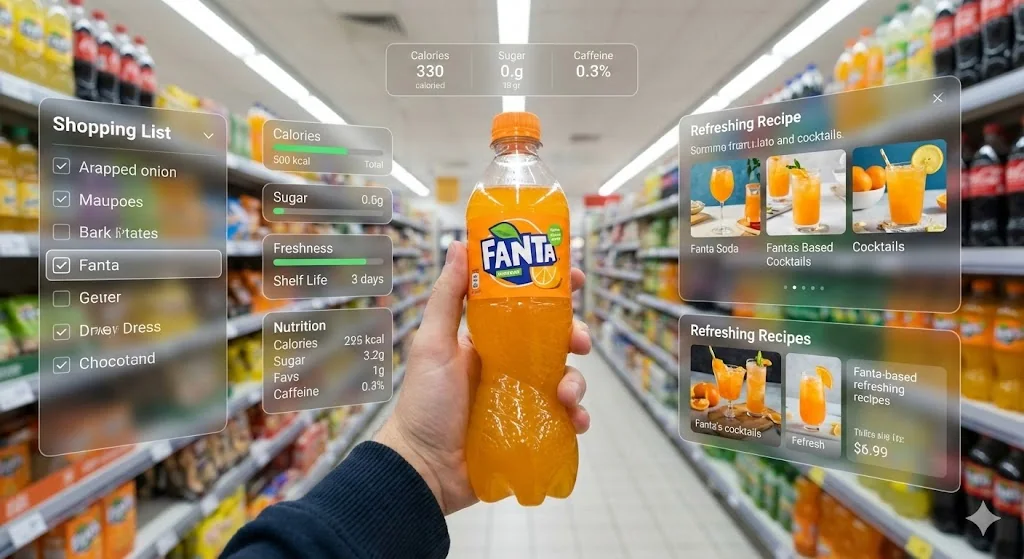 Supermarché futuriste immersif, sélection de soda Fanta via une interface holographique AR