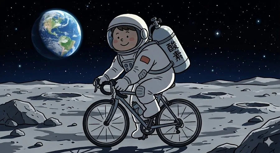 Illustration mignonne d’un astronaute explorant la Lune à vélo