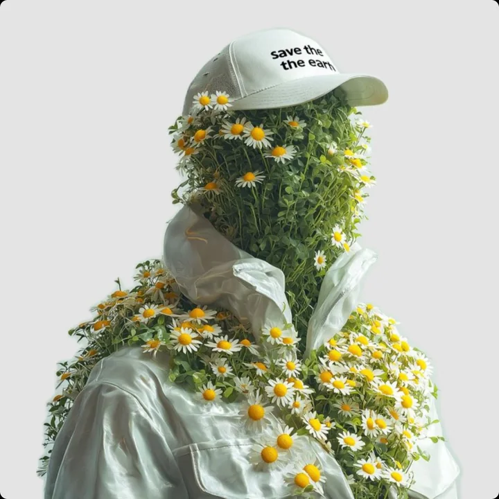 A hyper-realistic fashion portrait of a person in orange clothing adorned with green grass and daisies