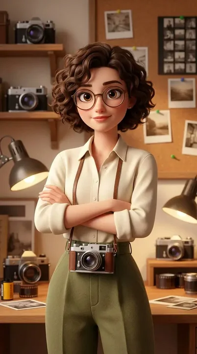 La photographe intellectuelle d’un studio de photographie rétro au style Pixar