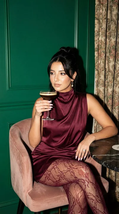 Luxe nocturne : mondaine en robe rouge légèrement grisée sous un flash direct
