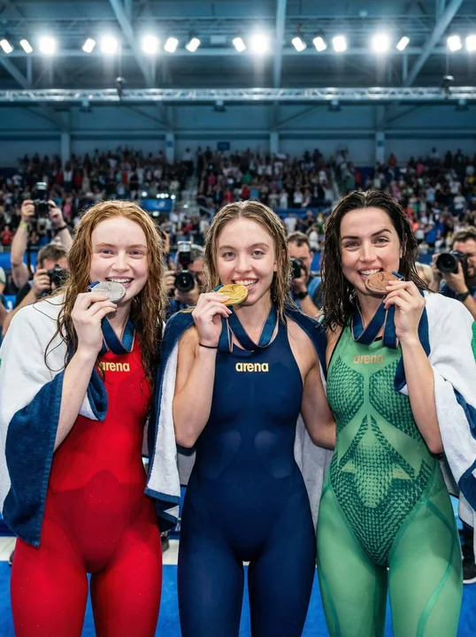 The glorious moment of three female champions at an international competition biting their medals on the podium