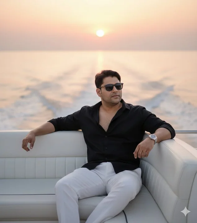 Portrait cinématographique émouvant d’un homme séduisant sur un yacht de luxe au coucher du soleil