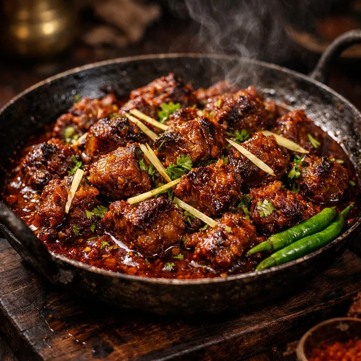 In the film’s light and shadow, the iron pot sizzles with mutton curry.