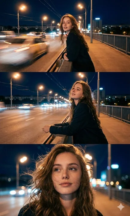 都市夜景の中の映画的な三連画人物ポートレート