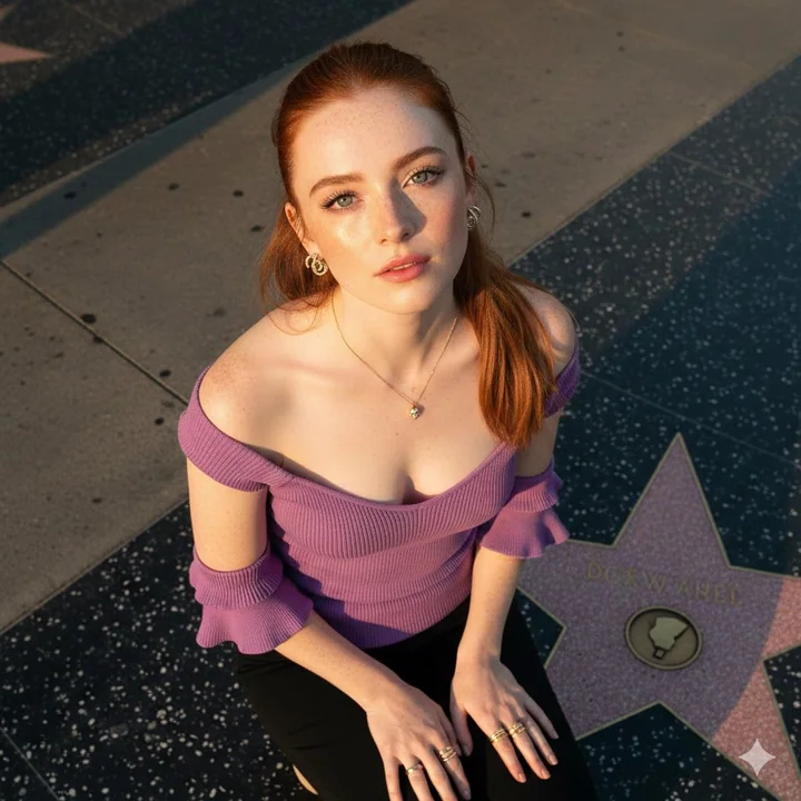 Gros plan en plongée d’une belle femme aux taches de rousseur sur le Walk of Fame