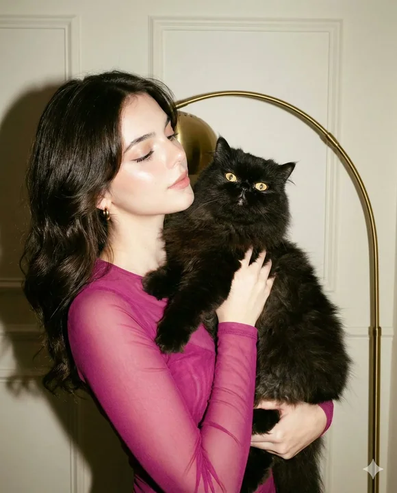 A girl in a Western-style dress and a goofy black cat under a retro flash.
