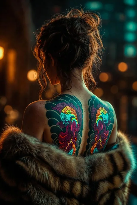 Japanese tattooed back and luxurious fur in neon night scene