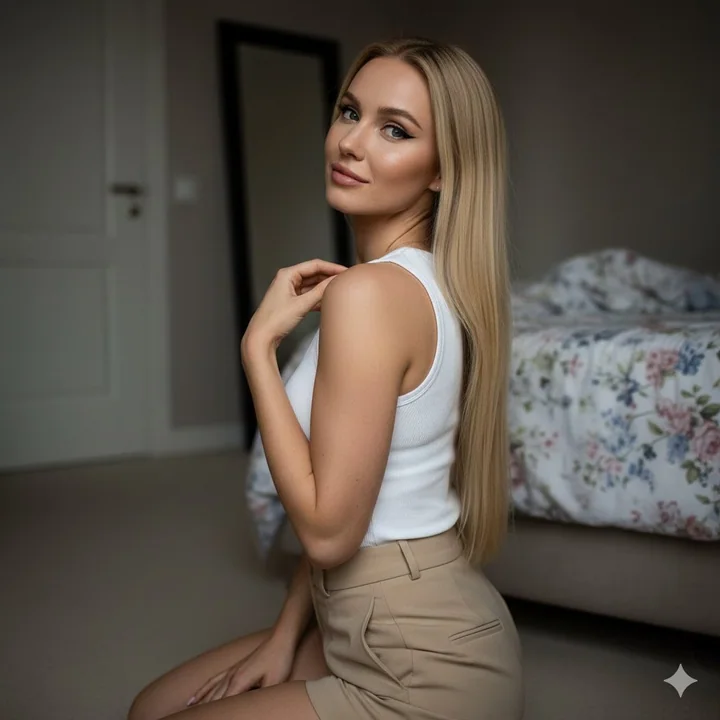 The gentle moment of a blonde girl with golden hair kneeling in a dimly lit bedroom, looking back.