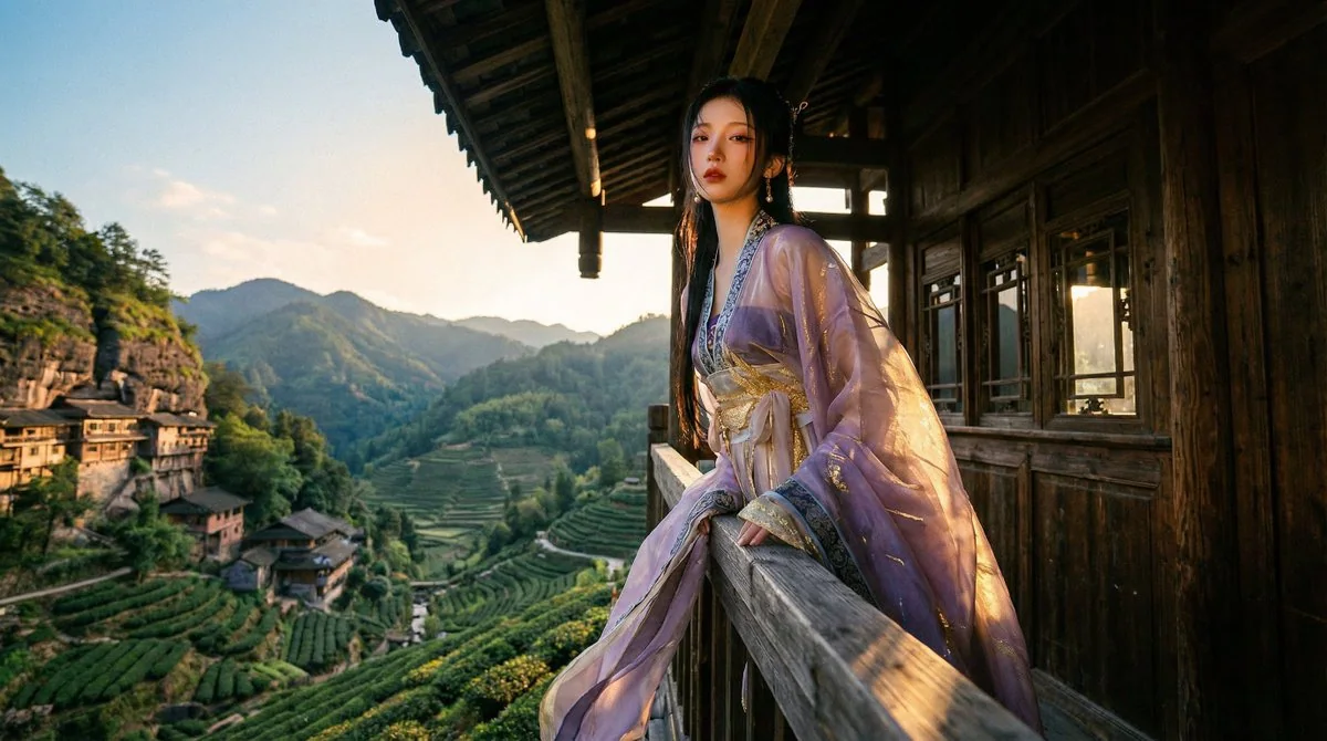 A stunning picture scroll of beautiful mountains and rivers, ancient terraced fields, and Hanfu-clad residences.