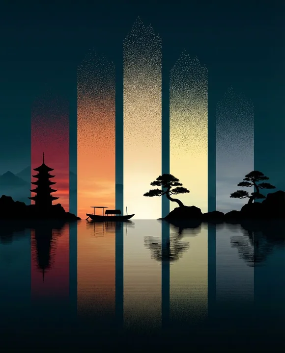 Time Slice: Eastern Zen Reflection Beneath Vertical Bands of Light