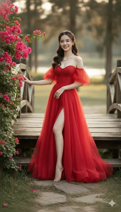 Portrait romantique en robe rouge dans une forêt sous un coucher de soleil doré