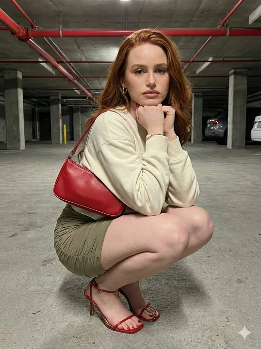 Photo de rue d’une jeune fille rousse et élégante dans un parking au style industriel