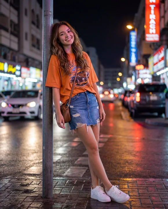 Jeune fille urbaine sous la nuit néon avec des taches de lumière romantiques