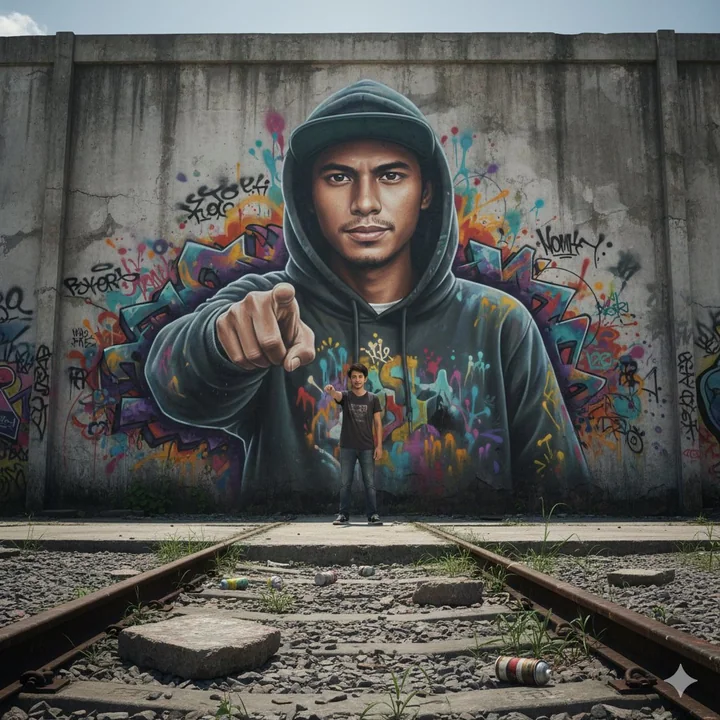 Un graffiti hyper-réaliste sort de son mur et fait face à son moi réel dans la rue.