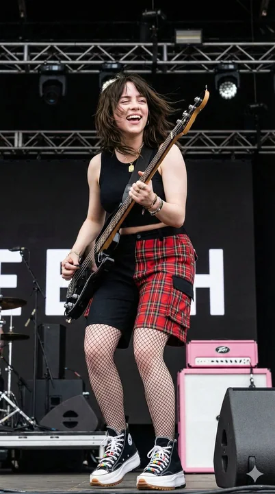 Cool and fierce bassist playing at an outdoor music festival with the wind