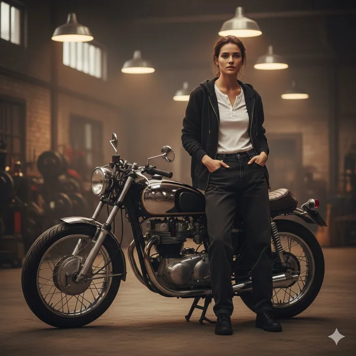 Cool and stylish posture beside a vintage motorcycle with industrial lighting
