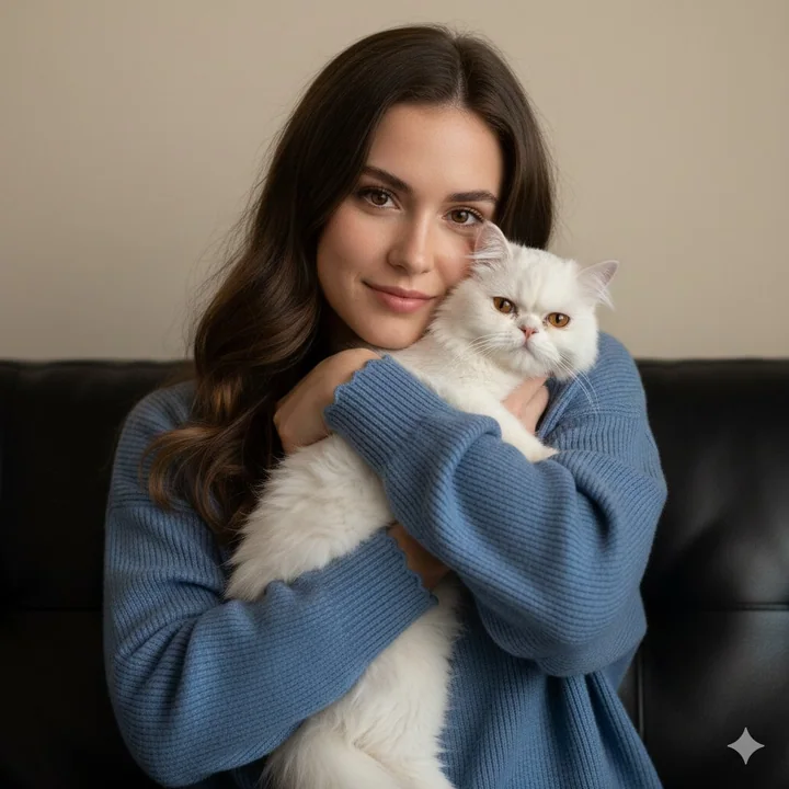 Portrait réaliste d'une jeune fille et d'un chat, chaleureux et apaisant sous la lumière naturelle