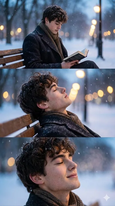 A cinematic portrait of someone reading quietly in the snow during the blue hour of a winter night