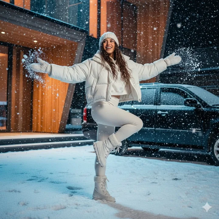 映画級の照明による雪夜のダイナミックなファッションフォト