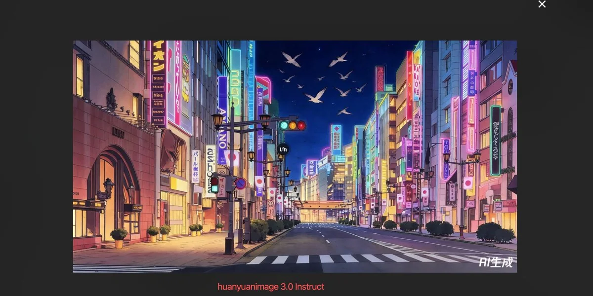 Vue nocturne d'une ville illuminée de néons et d'un essaim d'oiseaux en vol